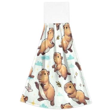 Imagem de Joitme Toalhas de cozinha de mão capivara fofas com laço para pendurar toalhas de dedo de forno altamente absorventes para decoração de casa conjunto de 2, 45 x 35 cm