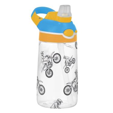 Imagem de Cool Motocross Bikers Garrafa de água preta infantil com canudo 473 ml Tritan 473 ml Garrafa de água esportiva portátil reutilizável para crianças, à prova de vazamento, alça de transporte