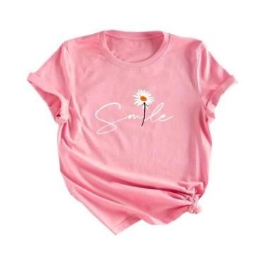 Imagem de Camiseta Feminina De Verão Com Estampa Floral E Letras, Gola Redonda, 