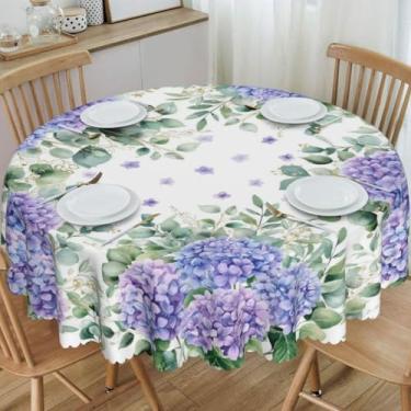 Imagem de KiuLoam Toalha de mesa redonda azul roxa hortênsia 152 cm primavera floral verde eucalipto folha de eucalipto toalha de mesa capa de mesa de poliéster lavável para cozinha decoração de festa de jantar