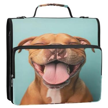 Imagem de Organizador de fichário com zíper Pitbull marrom sorridente, engraçado, 3 anéis, 3 cm, bolsa para fichários escolares de estudante, resistente, com alça de ombro, suporte para 500 folhas