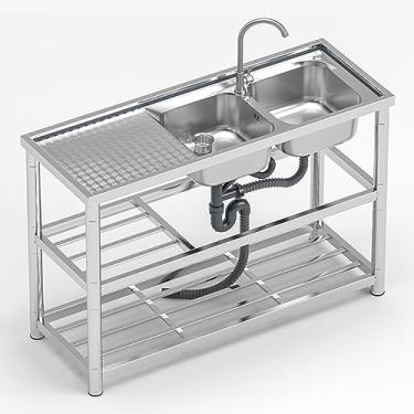 Imagem de Pia utilitária de aço inoxidável com 2 compartimentos, pia externa independente, pia de cozinha comercial de tigela dupla com bancada de trabalho, pia de aço inoxidável para preparação e utilidade