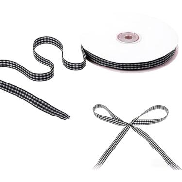 Imagem de Fita xadrez preta e branca de 0,9 cm x 55 m, fita guingão, fitas xadrez de búfalo preto para embrulho de presente, laços de cabelo, piquenique, artesanato, acessórios DIY