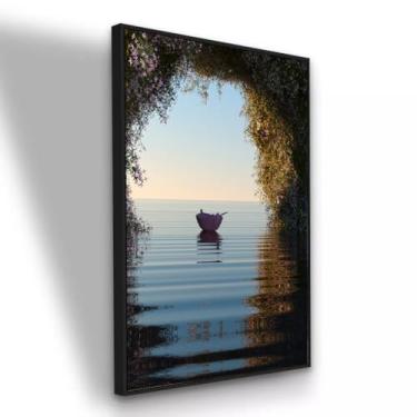 Imagem de Quadro Canvas Barco No Lago Paisagem Paz 120x80 Com Moldura Preta