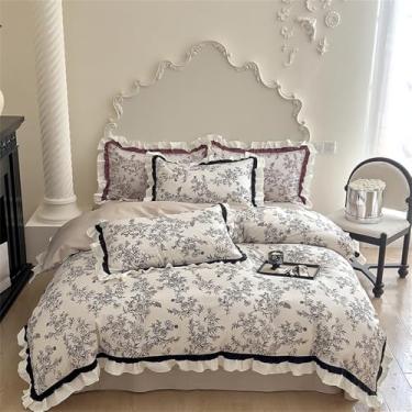 Imagem de Jogo de cama com estampa vintage de rosas em algodão, com babados, capa de edredom, lençol e fronhas, estilo 3, tamanho King (220x240cm), 4 peças.