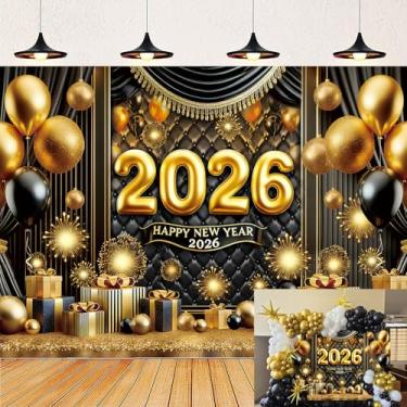 Imagem de Feliz Ano Novo 2026 pano de fundo preto dourado balões fogos de artifício ano novo fotografia fundo Olá 2026 véspera de Natal decoração festa família banner suprimentos (18 x 1,5 m)