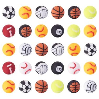 Imagem de 30 contas de argila de polímero de bola esportiva de 10 mm para fabricação de joias, basquete, futebol, vôlei, tênis, contas espaçadoras para colar, brincos, chaveiros, pulseira