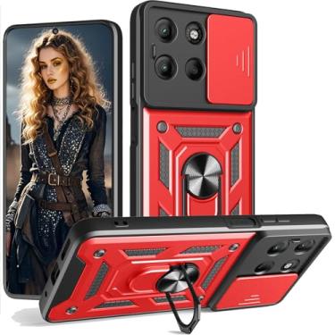 Imagem de Ephoou Capa protetora para Motorola Moto G15, proteção à prova de choque de grau militar com capa deslizante para câmera e suporte magnético giratório de 360° para Motorola Moto G15 SJ, vermelho