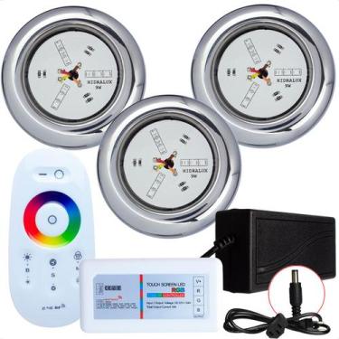 Imagem de Kit 3 Refletores Led 9w RGB Inox e Comando para Iluminação Piscina - H