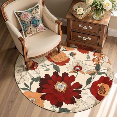 Imagem de jinchan Tapete redondo de 1,2 m vintage floral para entrada - Tapete lavável, macio, antiderrapante, para ambientes internos, boêmios, estampa de flores, 10 cm, tapete redondo para quarto, sala de