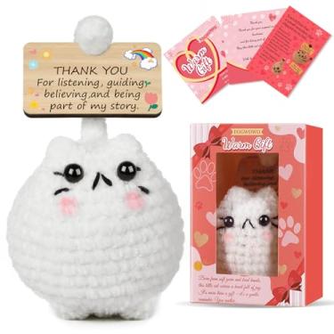 Imagem de FOGWOWO Lindo gato de crochê positivo com suporte emocional presentes inspiradores para amantes de gatos, mulheres, mães, irmãs, amigas, animais de crochê positivos feitos à mão com caixa de presente