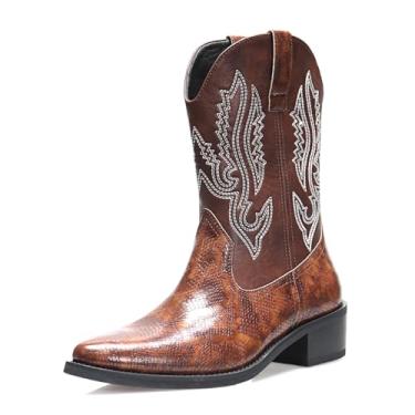 Imagem de Botas de cowboy ocidentais masculinas de couro sintético bordadas, botas de cavaleiro com bico fino, Marrom, 37