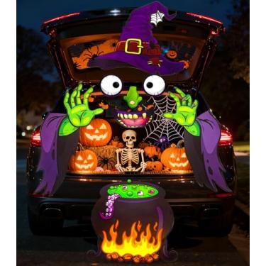 Imagem de Kit de decoração de carro de Halloween com grande chapéu de bruxa, olhos, nariz, boca, mãos, frasco, balões para SUV, porta, arco de carro, garagem, festa ao ar livre, decorações de Halloween