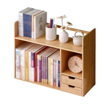 Imagem de Estante de armazenamento de livros, prateleira de mesa aberta com gaveta dupla, prateleiras de armazenamento de bambu, para casa, material de estudo oficial, prateleira organizadora de livros