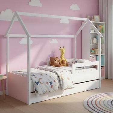 Imagem de Cama Montessoriana de Chão com Auxiliar Infantil Casinha - Branco Rosa