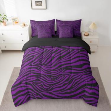 Imagem de jejeloiu Conjunto de edredom infantil de zebra com 7 peças, solteiro, leopardo, para meninos e meninas, adolescentes, preto, roxo, simples, moderno, listras, decoração de quarto