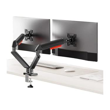 Imagem de Suporte para monitor duplo de até 81 cm e 10 kg por tela, braço ajustável para monitor de mola a gás, suporte duplo de alumínio para monitor com grampo C e acessórios de mesa base de ilhós (preto)