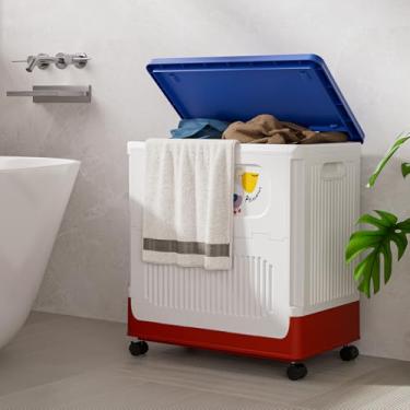 Imagem de HAIXIN HOME Cesto de lavanderia fofo de 60L, cesto de roupa suja com tampa, cesto de roupa suja com alça para quarto, banheiro, armário, dormitório, tampa azul, corpo branco e base vermelha - tricolor