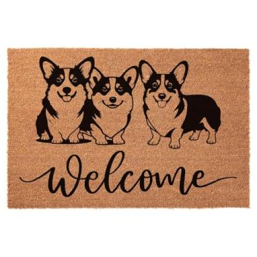 Imagem de Tapete de porta engraçado de boas-vindas - Dog Corgis Welcome Natural Coco Coir Heavy Duty Backing Capacho frontal bonito antiderrapante porta da frente entrada e exterior, marrom 23,6 x 15,7