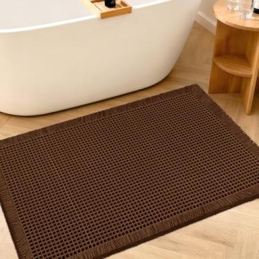 Imagem de ACCUMTEK Tapete de banheiro waffle atualizado, 81 cm x 50 cm, marrom, super absorvente, antiderrapante, secagem rápida, tapetes de banheiro com borlas, laváveis na máquina, tapetes de banheiro ultra