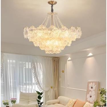 Imagem de Lustre de cristal francês moderno dourado para teto, luminária pendente 2 em 1 ajustável com pétalas multicamadas para sala de estar, sala de jantar e quarto (95 cm)