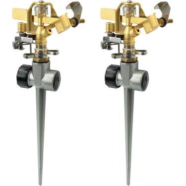 Imagem de Triumpeek Conjunto de 2 aspersores de grama de impacto para quintal, cabeça de aspersão de água resistente com base de ponta de liga de alumínio, irrigador pulsante ajustável para gramado e jardim de