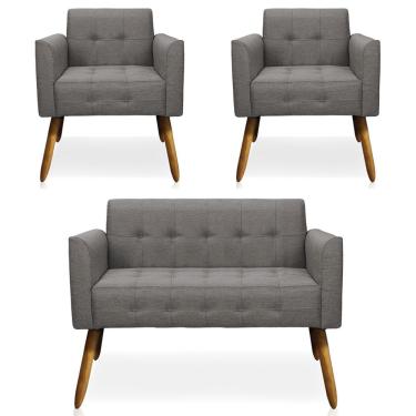 Imagem de Conjunto 2 Poltronas e 1 Namoradeira Pés Palito Karen Linho Grafite - Gran Belo