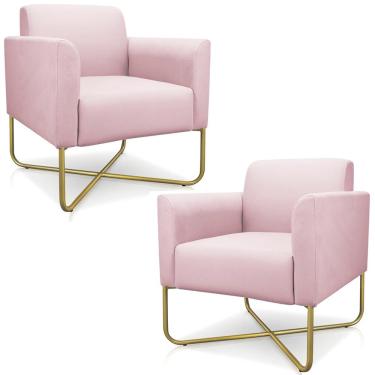 Imagem de Kit 2 Poltronas Decorativas Isabella Base X Suede Rosa Bebê/Dourado - Gran Belo
