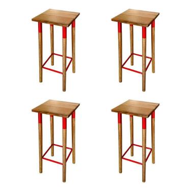 Imagem de Kit 4 Banquetas Bistro Industrial Colors Ferro E Madeira Maciça - Vermelha Vermelho