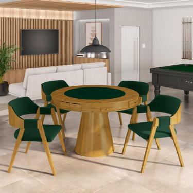 Imagem de Conjunto Mesa de Jogos Carteado Bellagio Tampo Reversível e 4 Cadeiras Madeira Poker Base Cone Veludo Verde/Mel G42 - Gran Belo