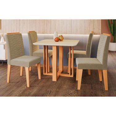 Imagem de Conjunto Mesa Sala Jantar Flora Com Tampo Madeirado Com Vidro 95x95cm E 4 Cadeiras Clarice Madeirado Linho Bege Cimol