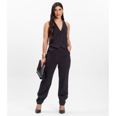 Imagem de Calça Feminina Em Alfaiataria Risca Giz Toda Nua Preto, P, Preto