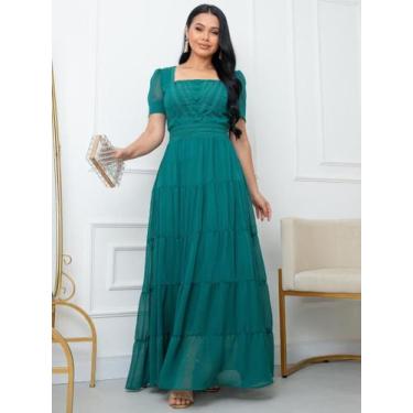 Imagem de Vestido Longo Feminino para Festa Elegante Decote Quadrado Noiva Casam