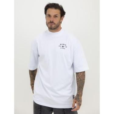 Imagem de Camiseta Oversized Gola Alta Star Black Alto Relevo Streetwear Algodão Premium Branco-Masculino