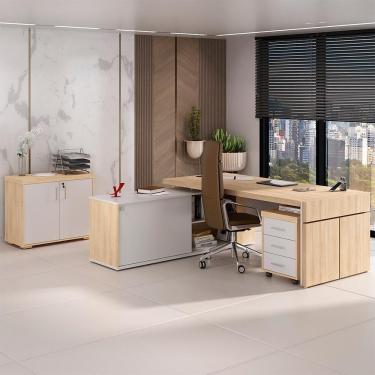 Imagem de Conjunto Escritório Home Office 3 Peças Mesa Diretor Corp A06 Carvalho/branco - Mpozenato