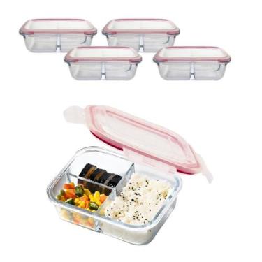 Imagem de Kit 4 Potes De Vidro 1410ml 3 Divisórias Hermético Marmita Fit Com Tra