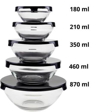 Imagem de Conjunto de Tigelas Bowl de Vidro com Tampa Hermética 5 Peças para Cozinha Geladeira e Freezer