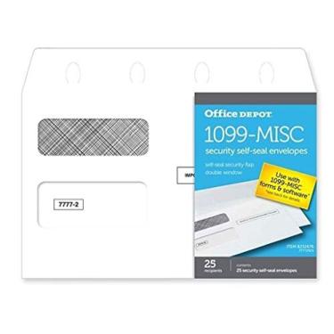 Imagem de Envelopes autovedantes de segurança para recipiente de janela dupla 1099-MISC da marca Office Depot, 14,7 cm x 22,8 cm, branco, pacote com 25 envelopes