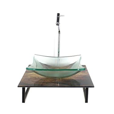 Imagem de KIT CUBA DE VIDRO QUADRADA 10MM INCOLOR COM TAMPO DE VIDRO 40CM X 40CM MADEIRA RUSTICA E SUPORTE TORNEIRA VALVULA