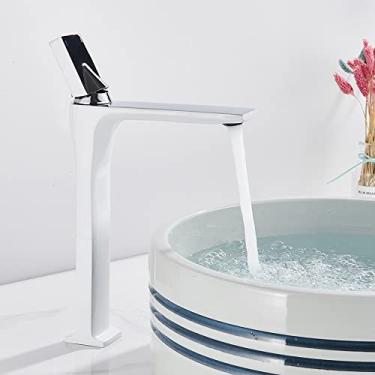 Imagem de Torneira de bacia de bacia quente e fria preta montada em latão quadrado misturadores de banheiro de alça única branca torneira misturadora de pia de vaidade torneira de bacia, branco cromado alto, China