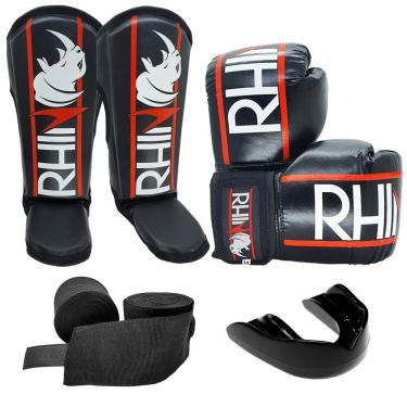 Imagem de Kit Treino Muaythai Rhino com Luva + Caneleira + Bandagem + Bucal