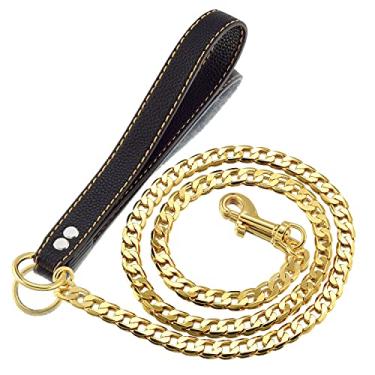 Imagem de Coleira de corrente para cães para coleiras de cachorro ouro 18K metal mastigável coleira para cães com alça acolchoada, coleira forte antimordida, guia de treinamento de caminhada resistente de 11 mm para cães pequenos médios grandes (11 mm, 4,3 pés)