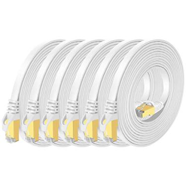 Imagem de Cabo Ethernet blindado Cat 7 (cabo de alta velocidade) Cat7 cabos de patch Ethernet plano - cabo de Internet para modem, roteador, LAN, computador - compatível com Cat 5e, rede Cat 6, 10ft 6Pack White