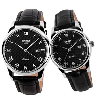 Imagem de Par de relógios para casais, homens e mulheres, conjunto de relógio dele e ela, marido, esposa, dia dos namorados, relógio de pulso combinando, presentes de casamento, à prova d'água, moda empresarial, quartzo, calendário analógico SKMEI, Pulseira preta + caixa prata + mostrador preto, Clássico