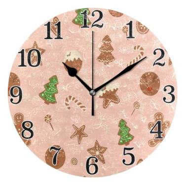Imagem de KLL Relógio de parede com árvore de Natal e pão de gengibre marrom, 25 cm, silencioso, sem tique-taque, relógio decorativo redondo para casa, cozinha, sala de estar, escritório, quarto