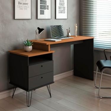 Imagem de Escrivaninha Industrial com Regulagem de Tamanho, Pés de Metal, 2 Gavetas - Plus Artany - Preto com Freijó