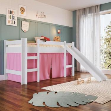 Imagem de Cama Infantil Elevada com Escorregador e Colchão Branca e Cortina Rosa