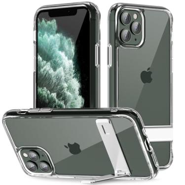 Imagem de oakxco Capa para iPhone 11 Pro Max com suporte transparente de metal embutido, plástico rígido transparente e silicone TPU borda macia capa protetora para celular, fina e fina à prova de choque para