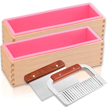 Imagem de Lerykin Kit de moldes de sabonete retangulares com cortadores de 2 peças – Molde flexível de silicone para sabonete com caixa de madeira, raspador ondulado e reto de aço inoxidável para suprimentos caseiros de fabricação de sabão artesanal