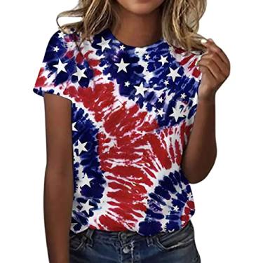 Imagem de Camisetas femininas de 4 de julho com a bandeira dos EUA, camisetas de dia independente, roupas de verão para sair, Azul, 4G